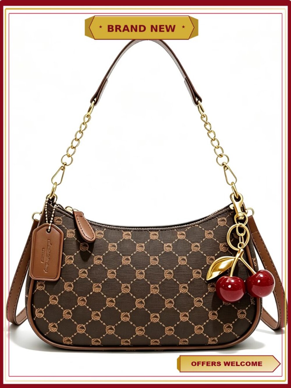 Women's Monogram Shoulder Bag Hobo Purse with Cherry Charm and Chain Strap